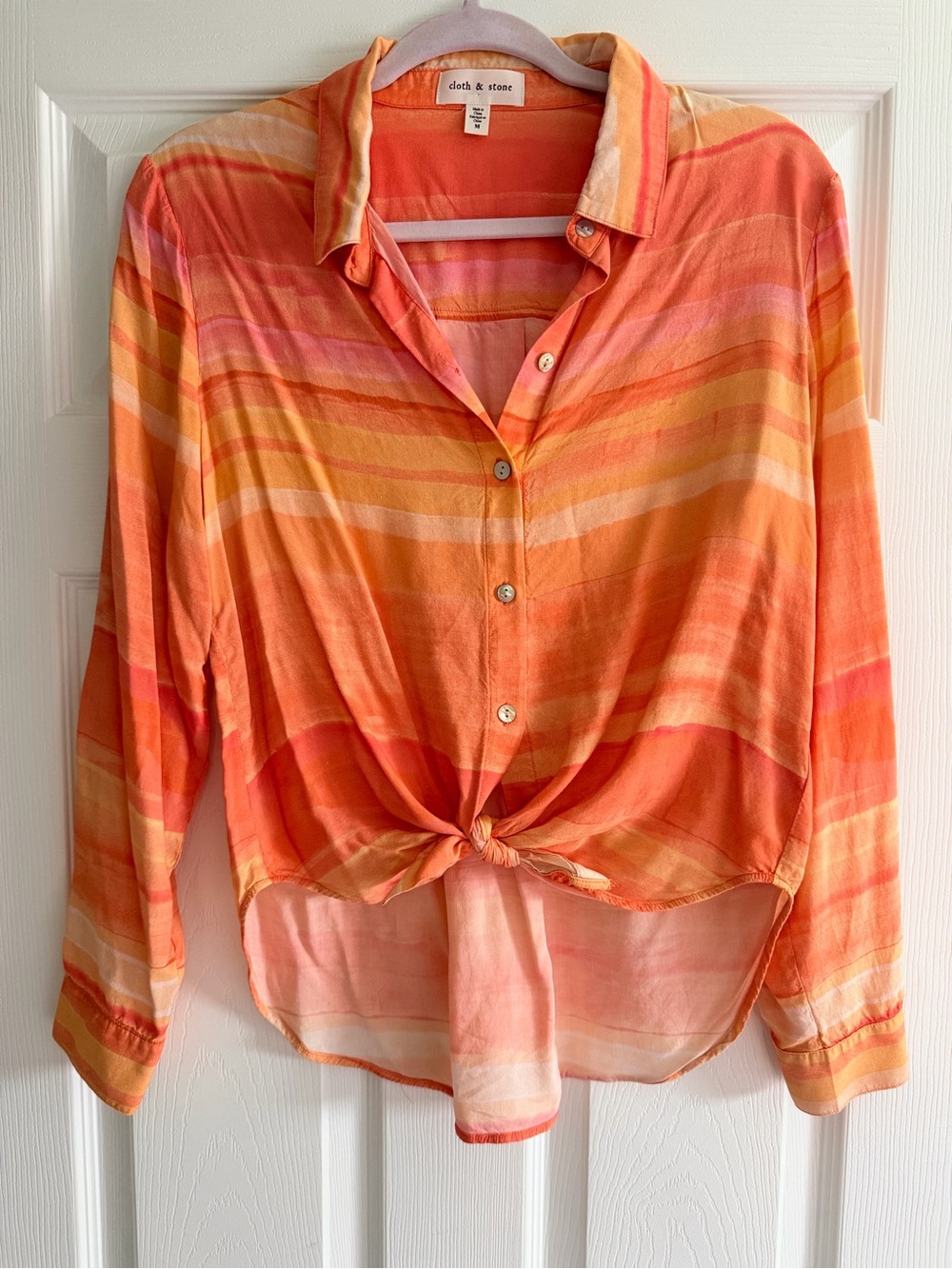 Cloth & Stone Coral and Yellow Striped Tie-Front Button Shirt
